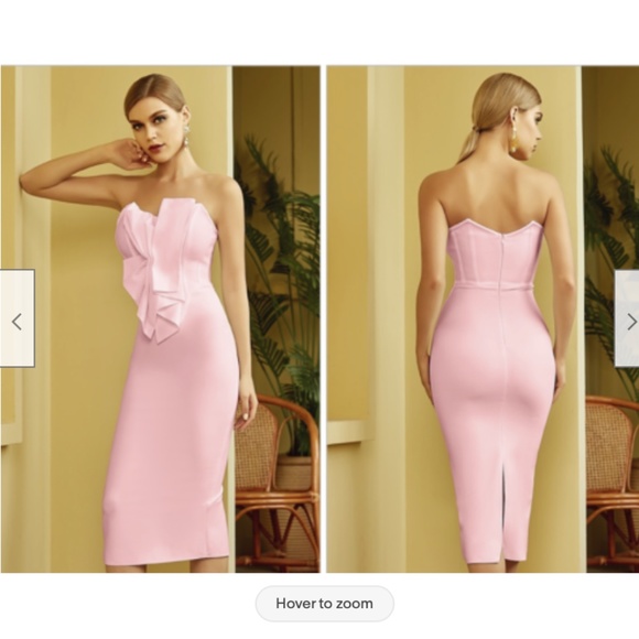 NEW! DESIGNER COUTURE PINK STRAPLESS RUFFLE BANDAGE DRESS TEXTURED RUFFLE BOW - Picture 3 of 11